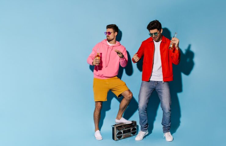 Funky men's clothing with bold prints, graphic t-shirts, and vibrant colors.